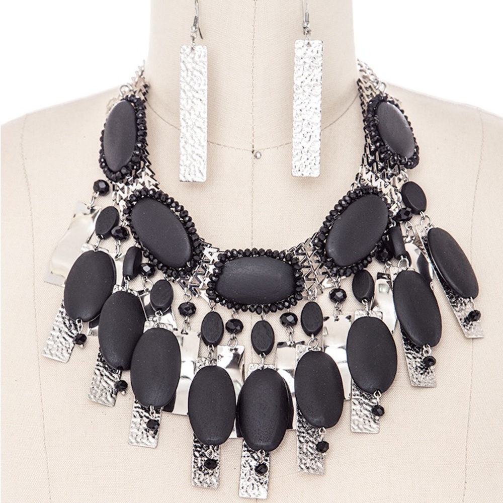 Black & Silver Wooden Bead Layered Statement Necklace